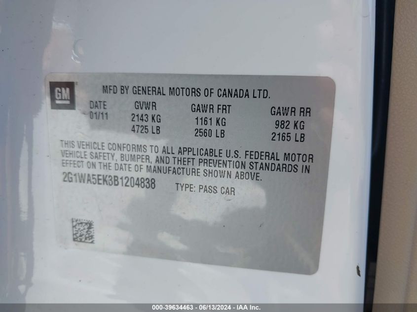 2011 Chevrolet Impala Ls VIN: 2G1WA5EK3B1204838 Lot: 39634463