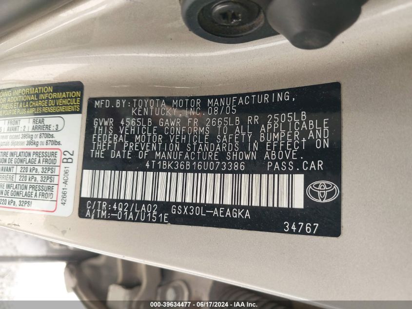 2006 Toyota Avalon Xls VIN: 4P1DK36B16U073386 Lot: 39634477