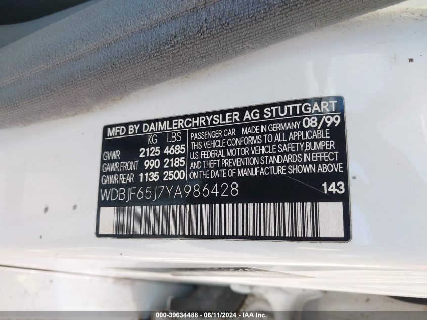 2000 Mercedes-Benz E 320 VIN: WDBJF65J7YA986428 Lot: 39634488