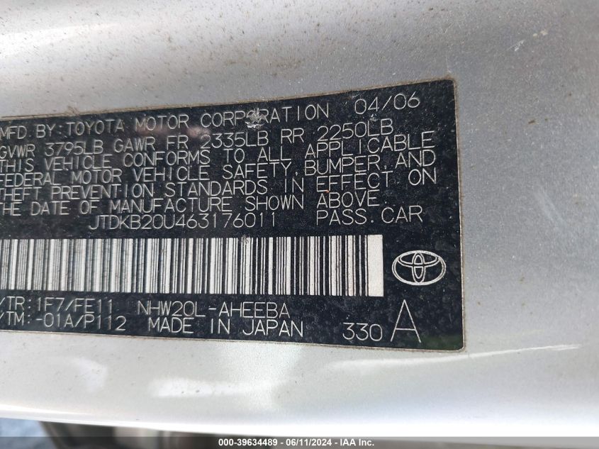 2006 Toyota Prius VIN: JTDKB20U463176011 Lot: 39634489