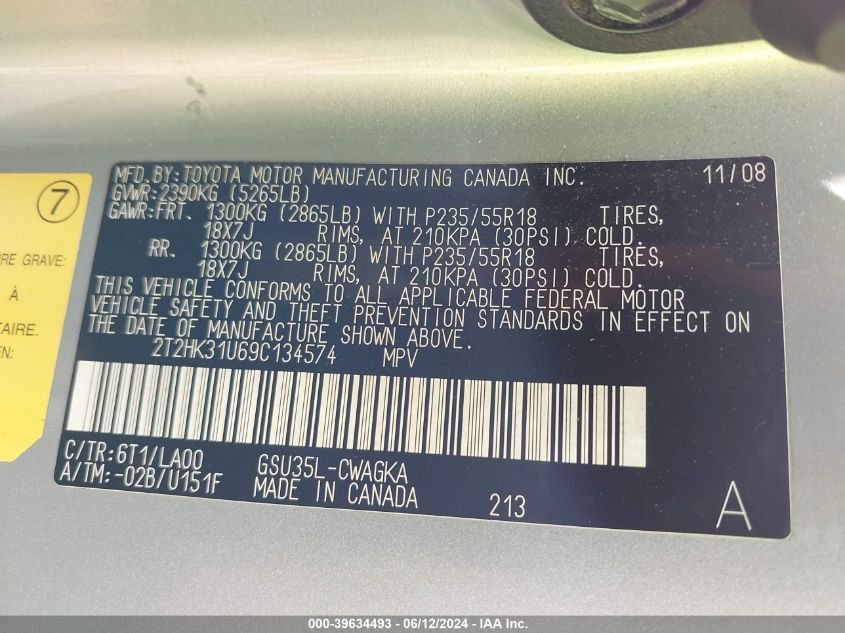 2009 Lexus Rx 350 VIN: 2T2HK31U69C134574 Lot: 39634493