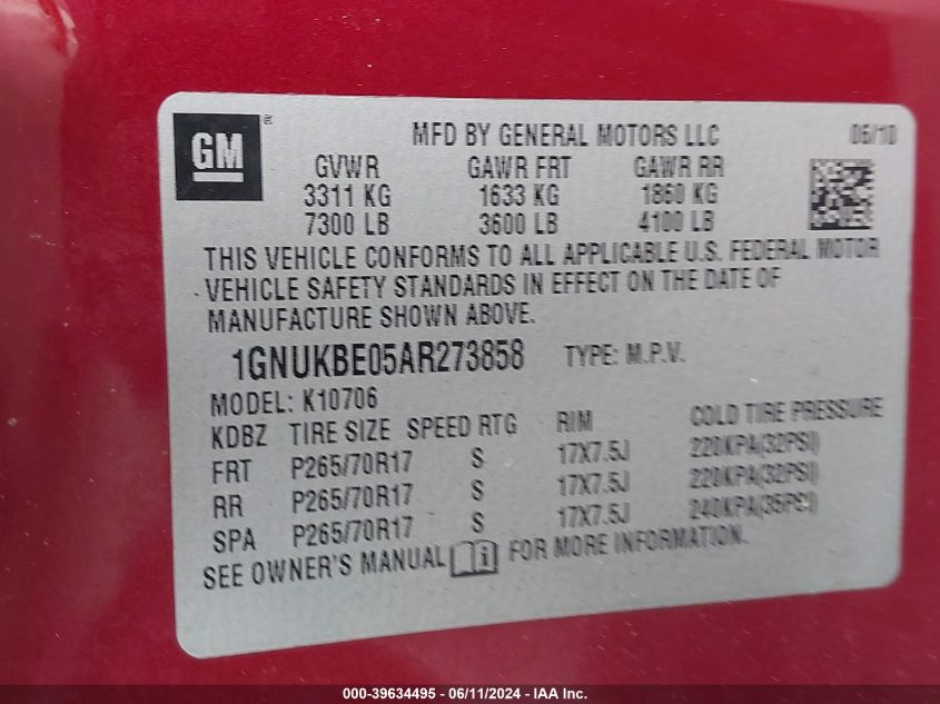 2010 Chevrolet Tahoe Lt VIN: 1GNUKBE05AR273858 Lot: 39634495