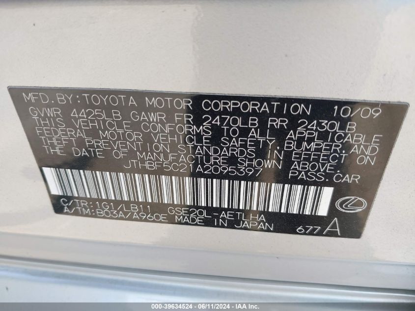 2010 Lexus Is 250 VIN: JTHBF5C21A2095397 Lot: 39634524
