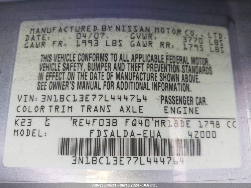 2007 Nissan Versa 1.8S VIN: 3N1BC13E77L444764 Lot: 39634531