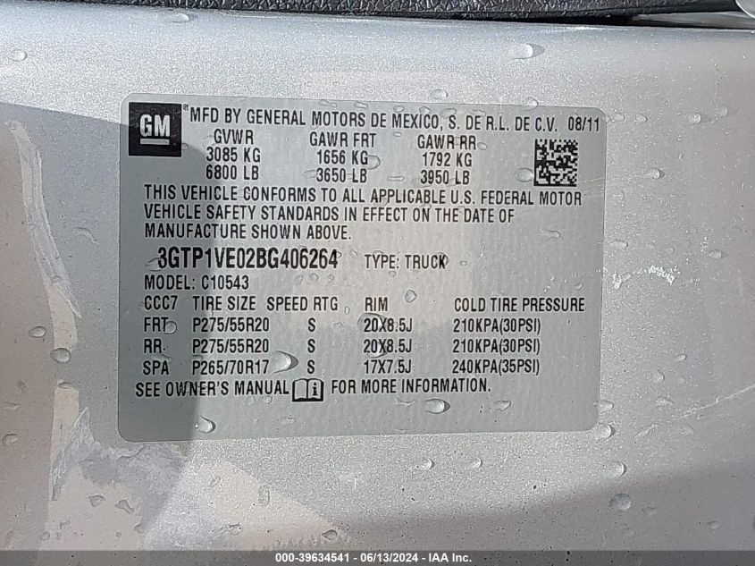 2011 GMC Sierra 1500 Sle VIN: 3GTP1VE02BG406264 Lot: 39634541