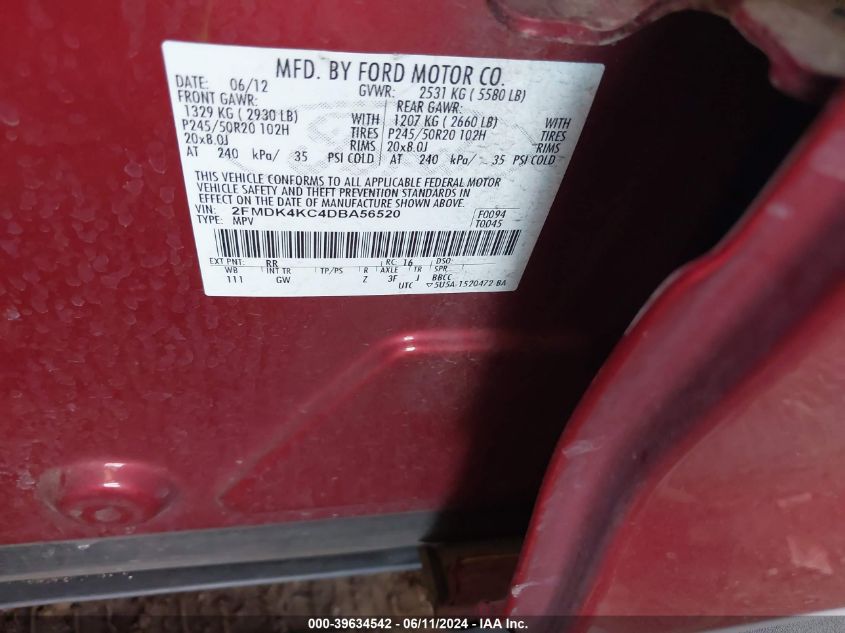 2013 Ford Edge Limited VIN: 2FMDK4KC4DBA56520 Lot: 39634542