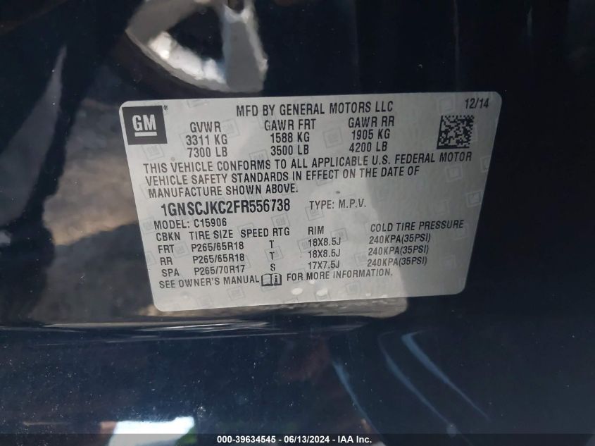 1GNSCJKC2FR556738 2015 Chevrolet Suburban 1500 Lt