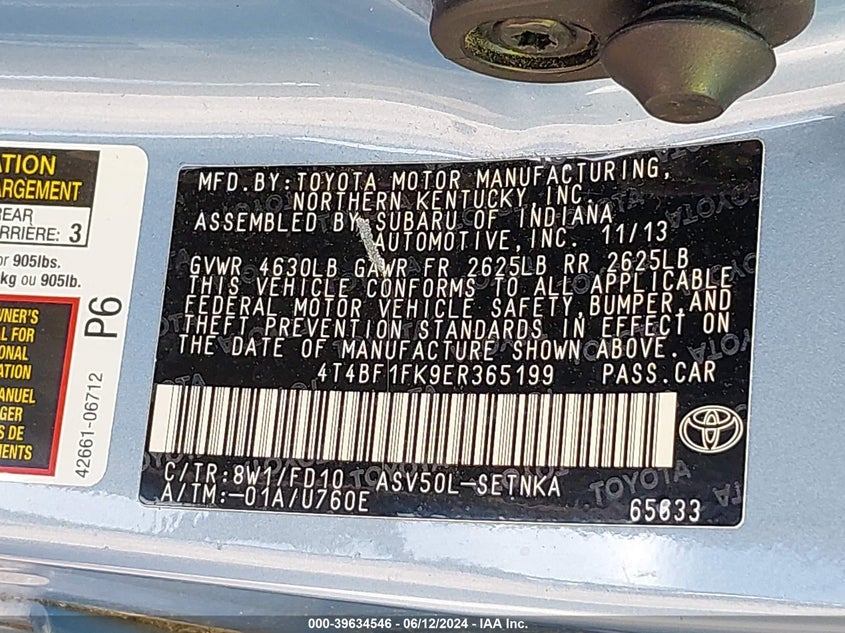 2014 Toyota Camry Le VIN: 4T4BF1FK9ER365199 Lot: 39634546