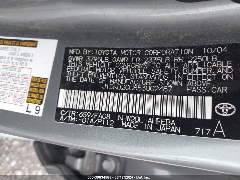 2005 Toyota Prius VIN: JTDKB20U853002487 Lot: 39634565