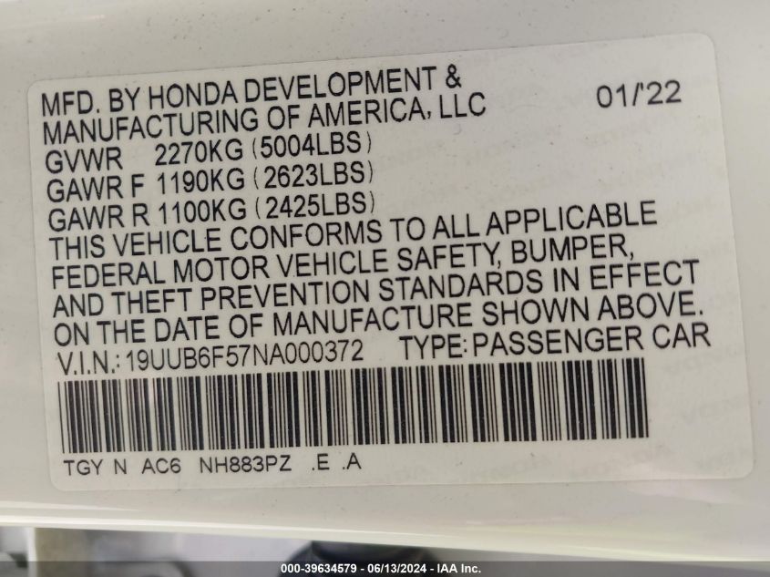 2022 Acura Tlx A-Spec Package VIN: 19UUB6F57NA000372 Lot: 39634579