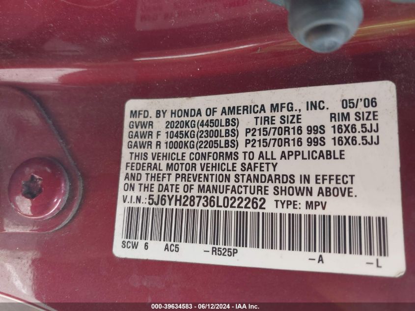 2006 Honda Element Ex-P VIN: 5J6YH28736L022262 Lot: 39634583