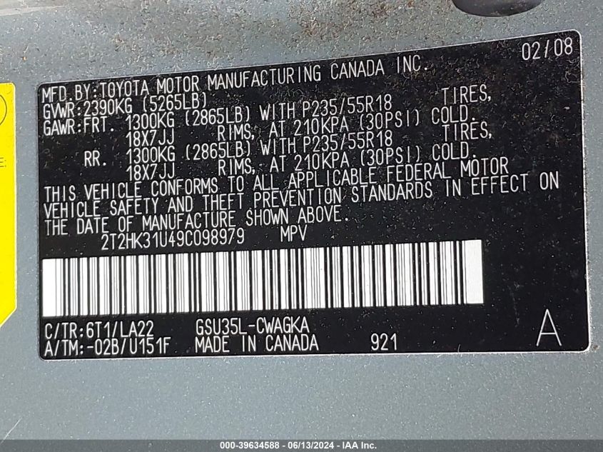 2009 Lexus Rx 350 VIN: 2T2HK31U49C098979 Lot: 39634588