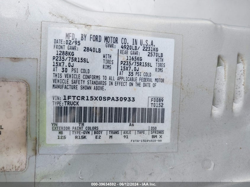 1995 Ford Ranger Super Cab VIN: 1FTCR15X0SPA30933 Lot: 39634592