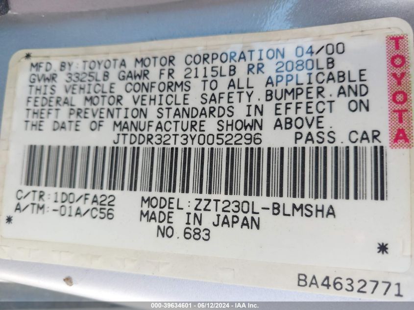 2000 Toyota Celica Gt VIN: JTDDR32T3Y0052296 Lot: 39634601