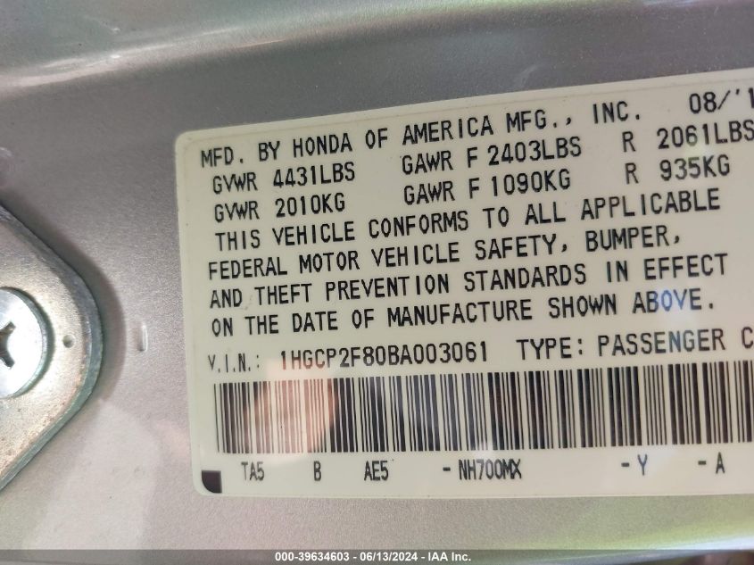 2011 Honda Accord 2.4 Ex-L VIN: 1HGCP2F80BA003061 Lot: 39634603