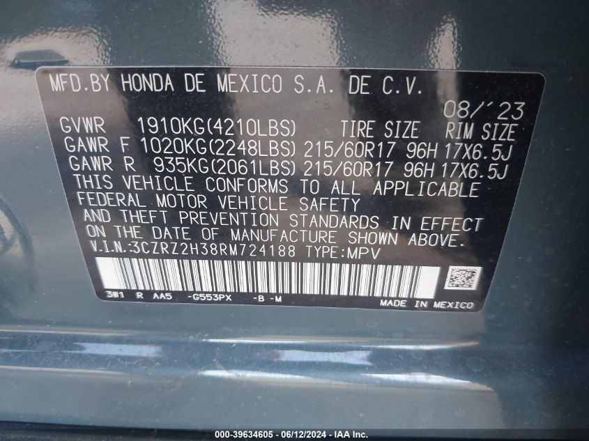 2024 Honda Hr-V Awd Lx VIN: 3CZRZ2H38RM724188 Lot: 39634605