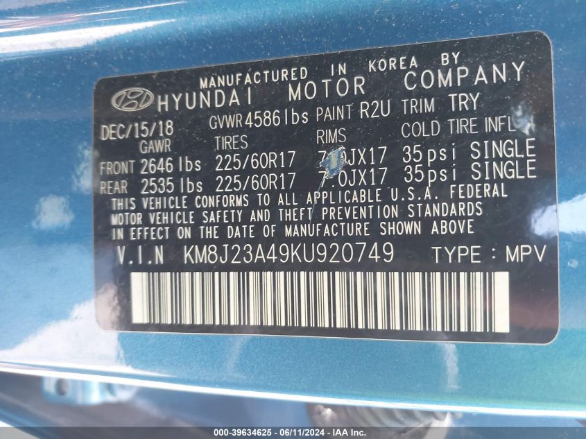 2019 Hyundai Tucson Se VIN: KM8J23A49KU920749 Lot: 39634625