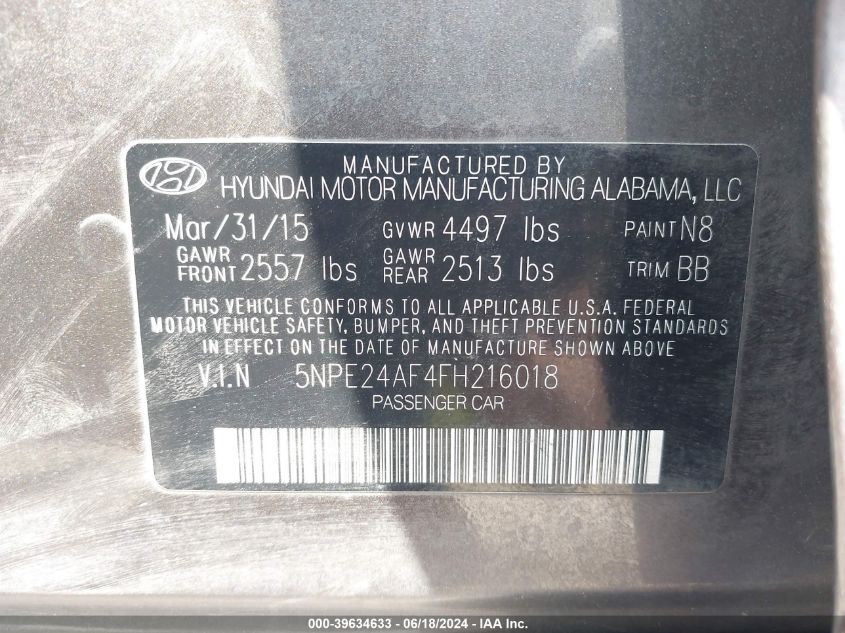 2015 Hyundai Sonata Se VIN: 5NPE24AF4FH216018 Lot: 39634633