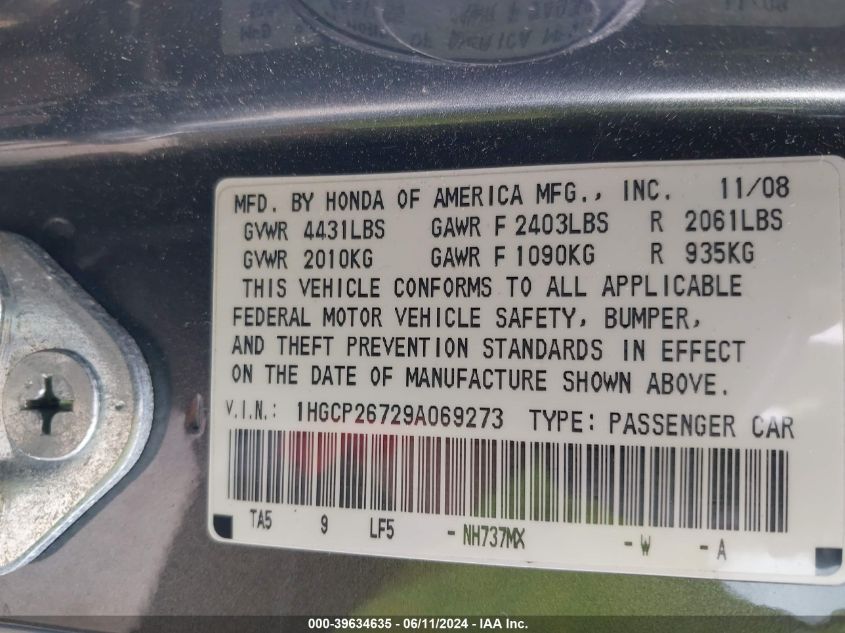 2009 Honda Accord Ex VIN: 1HGCP26729A069273 Lot: 39634635