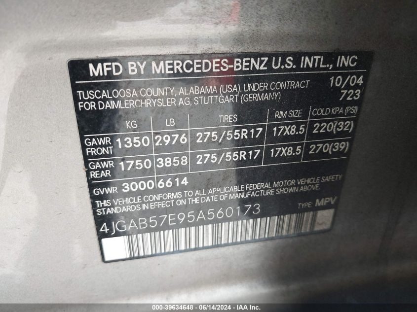 4JGAB57E95A560173 2005 Mercedes-Benz Ml 350 4Matic