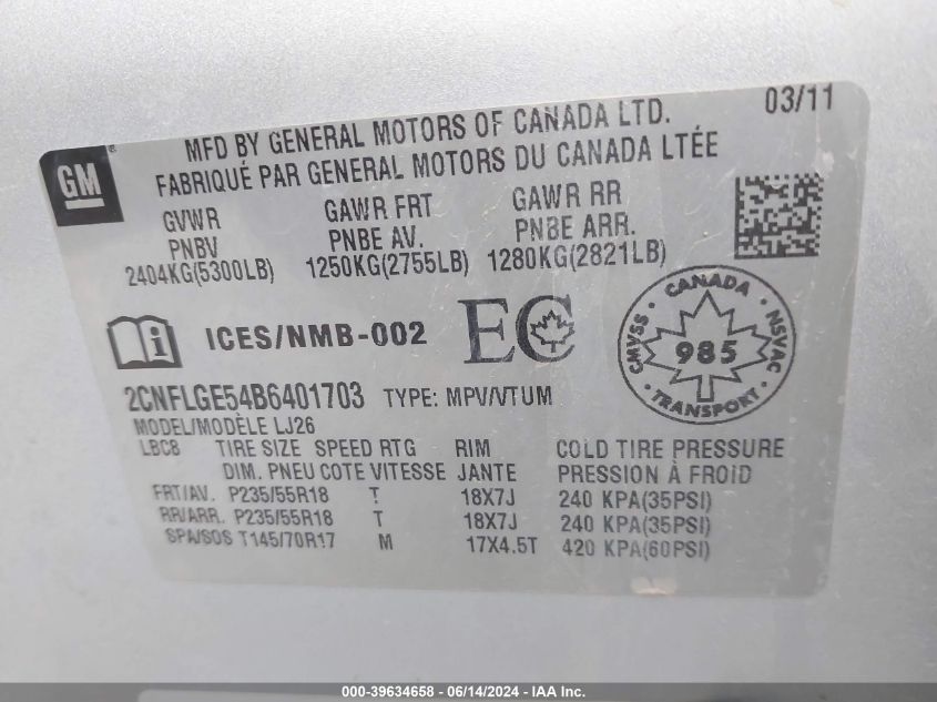 2011 Chevrolet Equinox Ltz VIN: 2CNFLGE54B6401703 Lot: 39634658