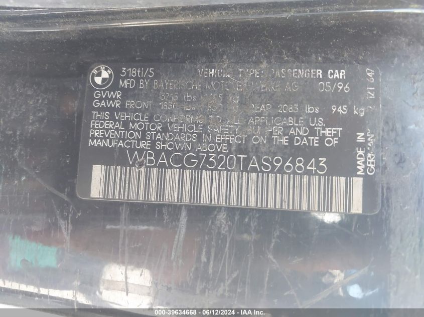 1996 BMW 318 Ti VIN: WBACG7320TAS96843 Lot: 39634668
