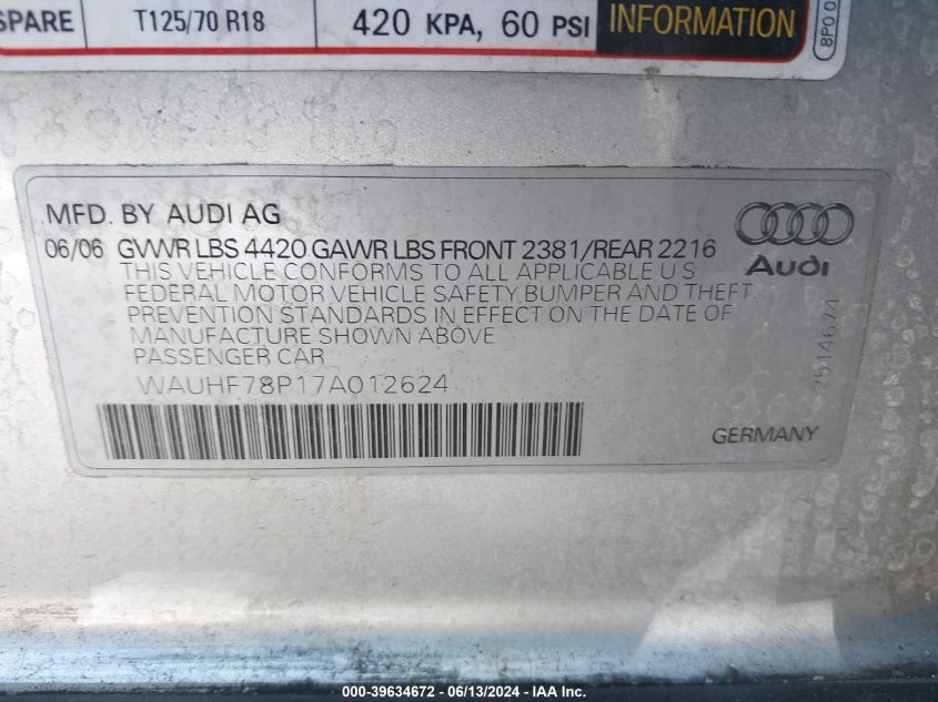 2007 Audi A3 2.0T VIN: WAUHF78P17A012624 Lot: 39634672