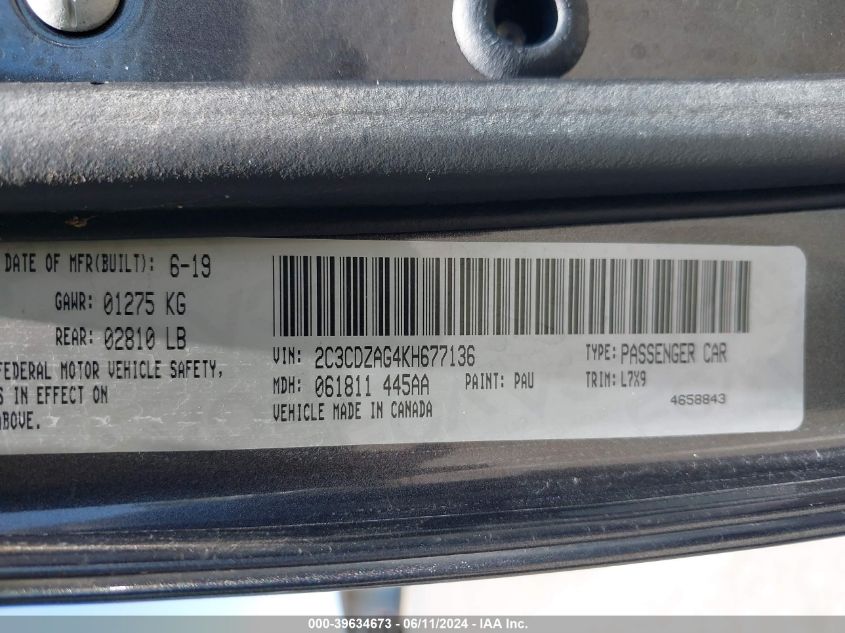 2019 Dodge Challenger Sxt VIN: 2C3CDZAG4KH677136 Lot: 39634673