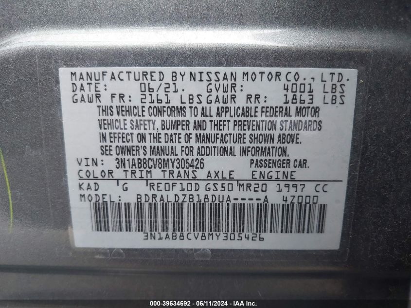 2021 Nissan Sentra Sv Xtronic Cvt VIN: 3N1AB8CV8MY305426 Lot: 39634692