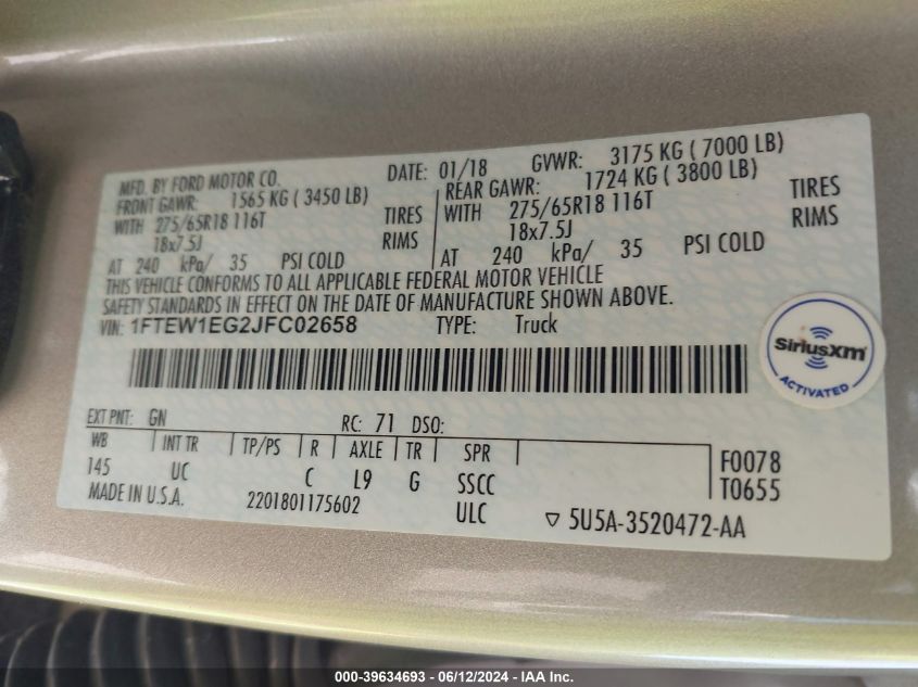 2018 Ford F-150 Xlt VIN: 1FTEW1EG2JFC02658 Lot: 39634693
