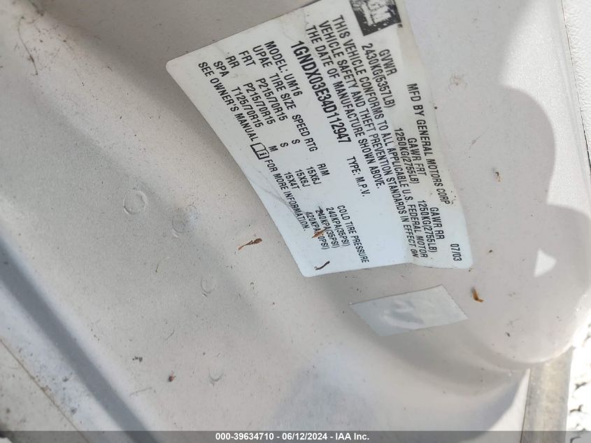 2004 Chevrolet Venture Ls VIN: 1GNDX03E34D112947 Lot: 39634710