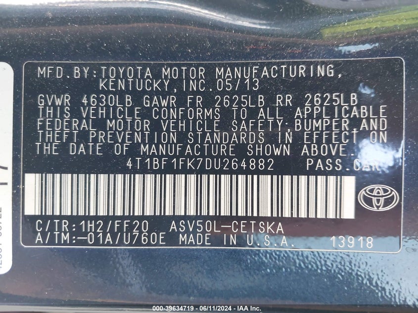 2013 Toyota Camry Se VIN: 4T1BF1FK7DU264882 Lot: 39634719