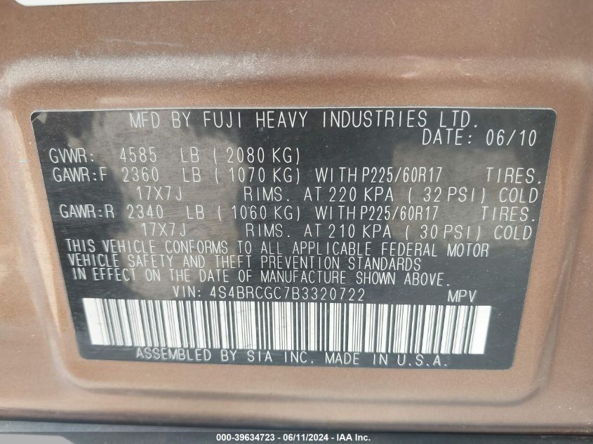 2011 Subaru Outback 2.5I Premium VIN: 4S4BRCGC7B3320722 Lot: 39634723