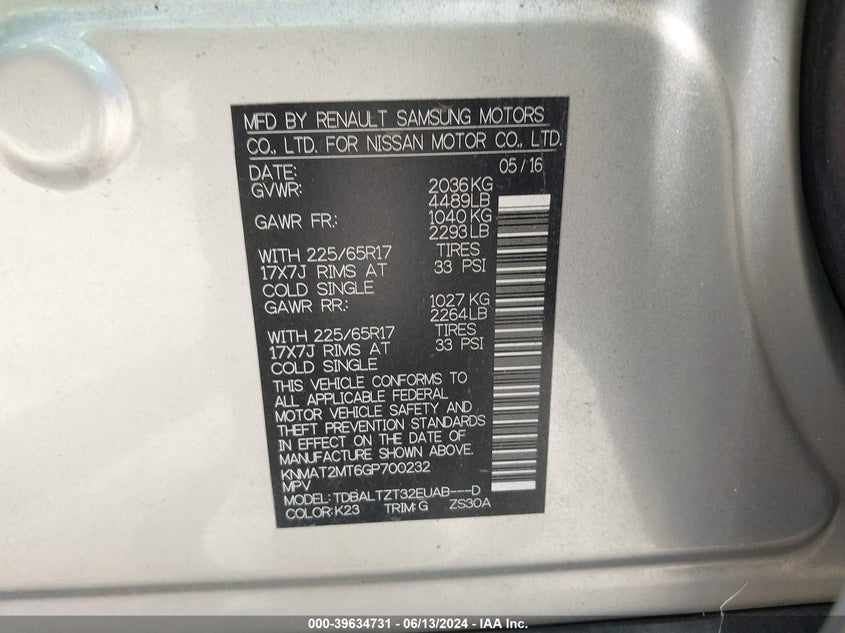 2016 Nissan Rogue Sv VIN: KNMAT2MT6GP700232 Lot: 39634731