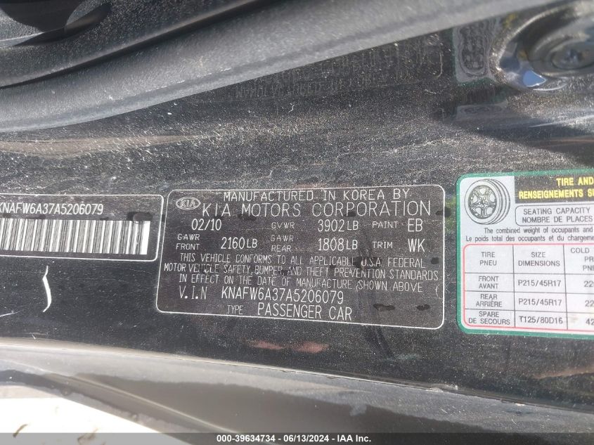 2010 Kia Forte Koup Sx VIN: KNAFW6A37A5206079 Lot: 39634734