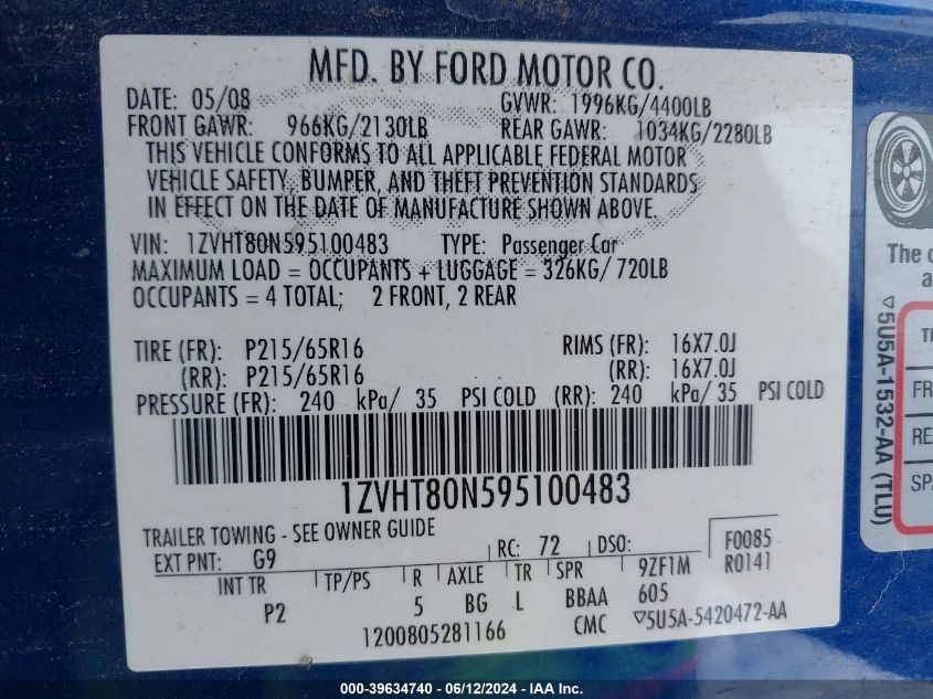 2009 Ford Mustang V6/V6 Premium VIN: 1ZVHT80N595100483 Lot: 39634740