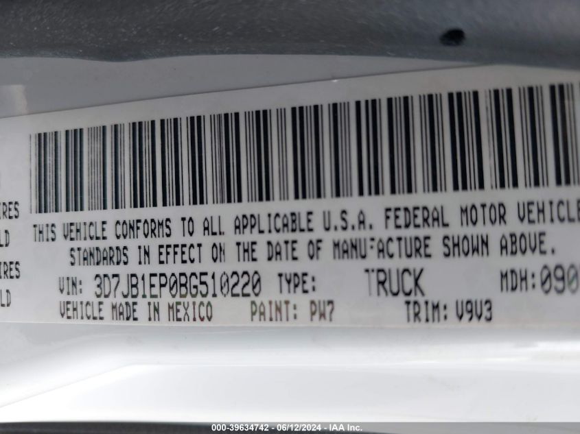 2011 Ram Ram 1500 Slt VIN: 3D7JB1EP0BG510220 Lot: 39634742