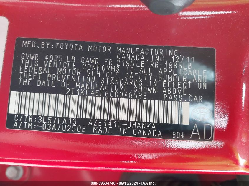 2012 Toyota Matrix S VIN: 2T1KE4EE6CC048585 Lot: 39634748