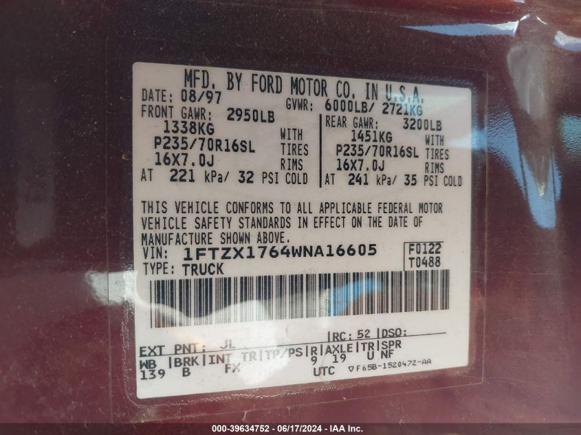 1998 Ford F-150 Lariat/Standard/Xl/Xlt VIN: 1FTZX1764WNA16605 Lot: 39634752