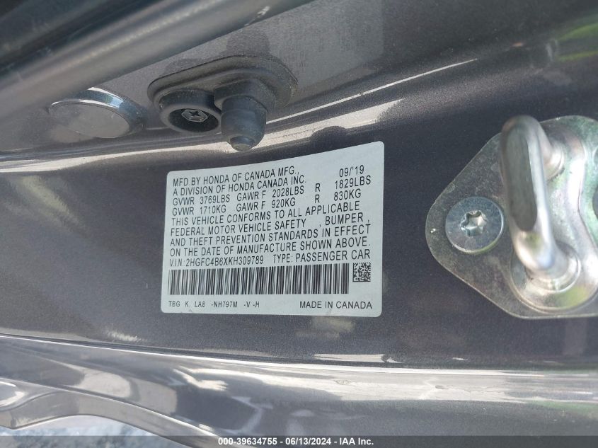 2019 Honda Civic Lx VIN: 2HGFC4B6XKH309789 Lot: 39634755