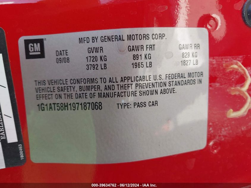 2009 Chevrolet Cobalt Lt VIN: 1G1AT58H197187068 Lot: 39634762