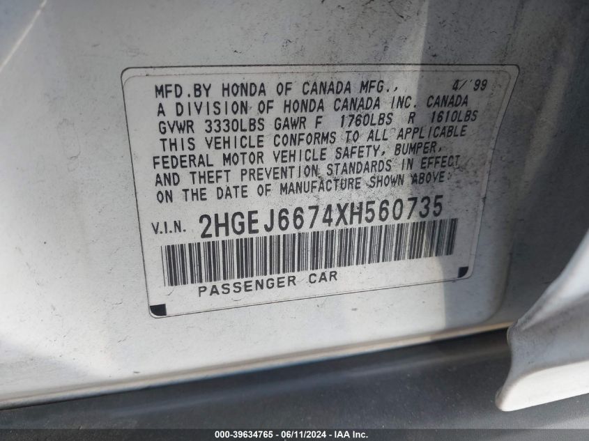 1999 Honda Civic Lx VIN: 2HGEJ6674XH560735 Lot: 39634765