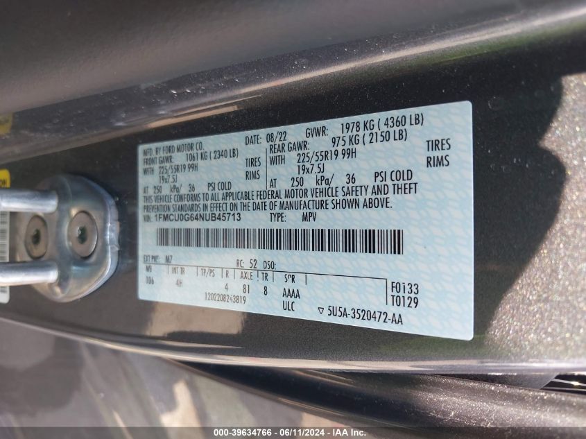 2022 Ford Escape Se VIN: 1FMCU0G64NUB45713 Lot: 39634766