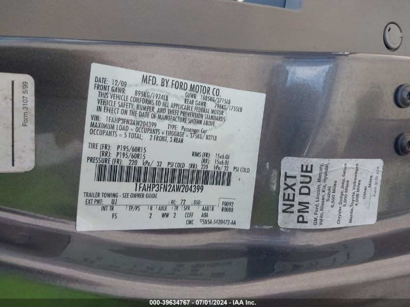 2010 Ford Focus Se VIN: 1FAHP3FN2AW204399 Lot: 39634767