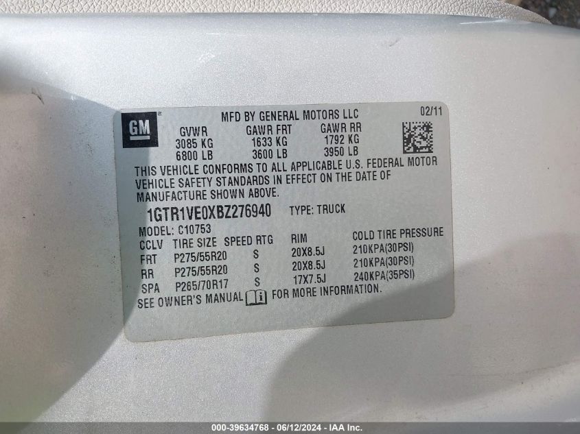 2011 GMC Sierra 1500 Sle VIN: 1GTR1VE0XBZ276940 Lot: 39634768