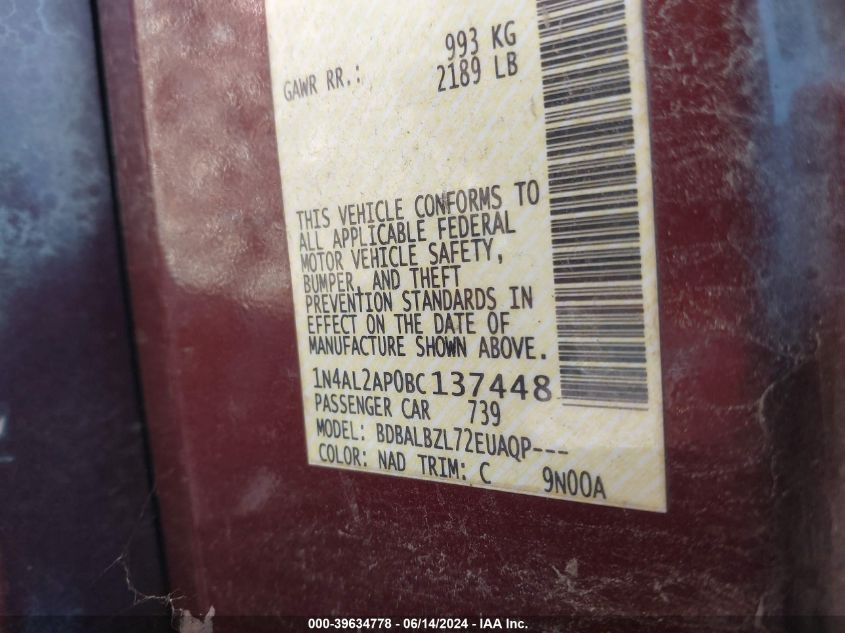 2011 Nissan Altima 2.5 S VIN: 1N4AL2AP0BC137448 Lot: 39634778