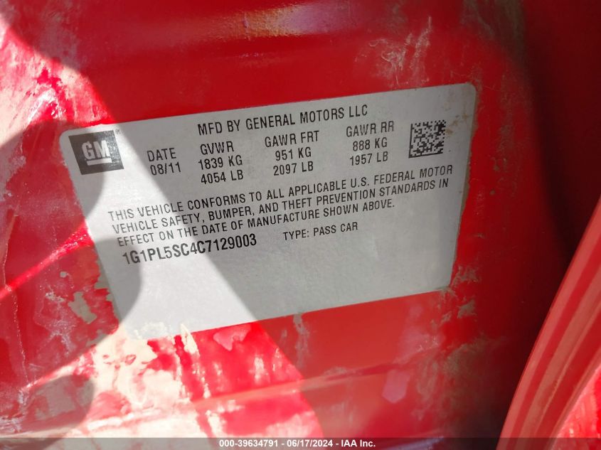 2012 Chevrolet Cruze 1Lt VIN: 1G1PL5SC4C7129003 Lot: 39634791