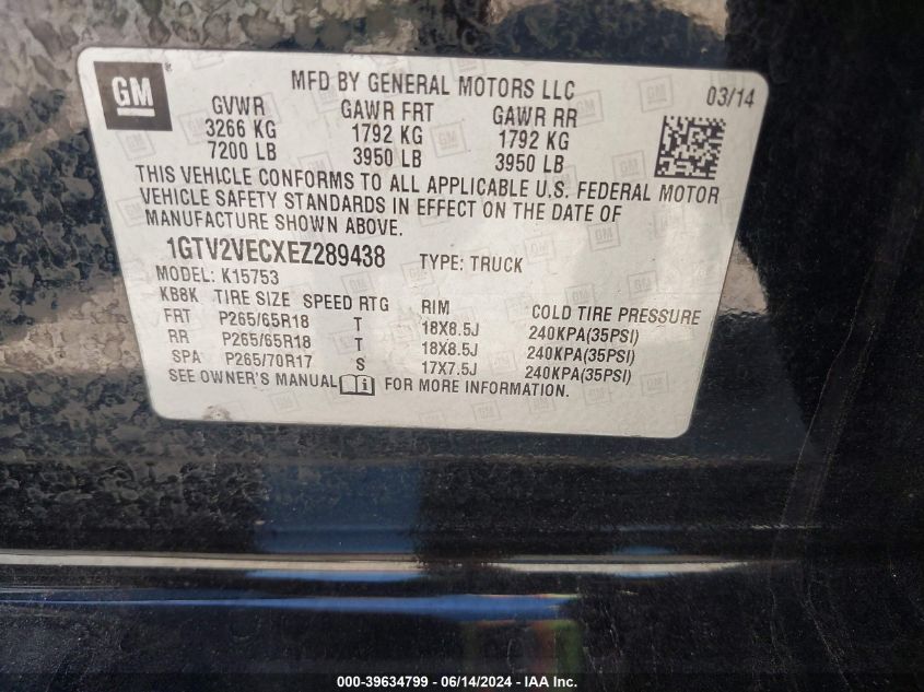 2014 GMC Sierra 1500 Slt VIN: 1GTV2VECXEZ289438 Lot: 39634799