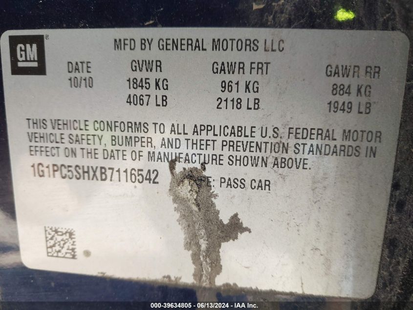 2011 Chevrolet Cruze Ls VIN: 1G1PC5SHXB7116542 Lot: 39634805