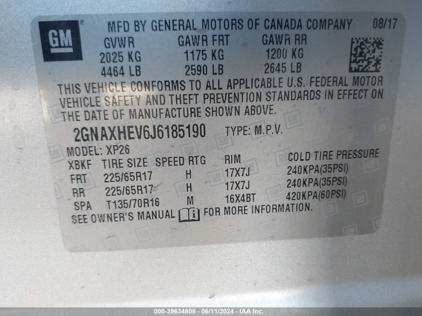 2018 Chevrolet Equinox Ls VIN: 2GNAXHEV6J6185190 Lot: 39634808